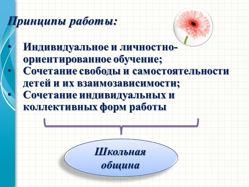 Принципы работы:  Индивидуальное и личностно-ориентированное обучение; Сочетание свободы и самостоятельности детей и их